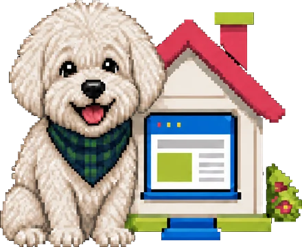 Maltés blanco y greñudo con paliacate verde, en pixel art, junto a una casita con una pantalla de computadora